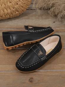 1 Pair Kids/Children Classic Loafers Moccasins, With Thick Platform Soles, Metal Decor On Toe, Orange Trim, Casual & Comfortable Style. These Shoes Are Also Known As Boat Shoes, Driving Shoes Or Mom Shoes, Featuring Lightweight, Non-Slip, Easy On/Off, Suitable For Daily Commute And Long-Standing Occasions. - Black - View 5