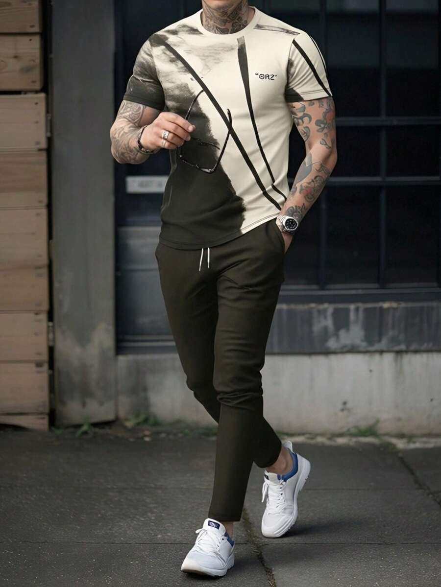 男士风景印花短袖T恤和长裤套装 - 彩色 - 查看 1