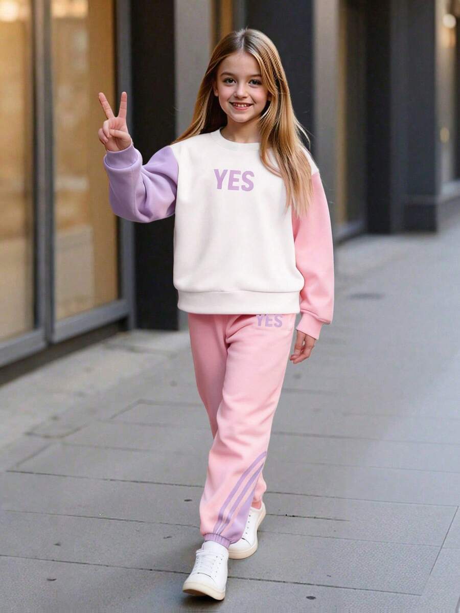 2 Stücke Mädchen Lässig Sweatshirt und Hose Set, Buchstaben Muster Farbblock Langarm Rundhals Top und weiche Strick Jogginghose, Frühling/Herbst - Mauve - Übersicht 1