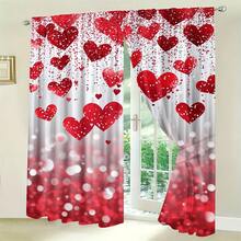 2pcs Elegant Valentine's Day Red Heart Curtains With Rod Pocket, Romantic Love Theme Window Drapes For Living Room Bedroom Kitchen, Machine Washable Polyester Window Treatment Curtain Valentine Day Gifts Artistic Curtains, Home Decor - Color1 - 查看 3