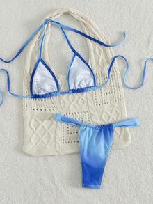 PEPPERMOLLY Bộ bikini hai mảnh tam giác siêu nhỏ, kiểu dáng thanh lịch, buộc dây cổ, hở lưng, phối màu gradient mới, thích hợp cho các bữa tiệc mùa hè, đi biển, nghỉ mát. - Xanh đậm và xanh nhạt - Xem 3