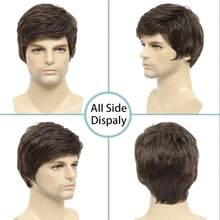 Peluca con flequillo corto y capas de 10 pulgadas de color marrón para hombres, adecuada para uso diario y disfraz de Halloween - Marrón - Ver 9