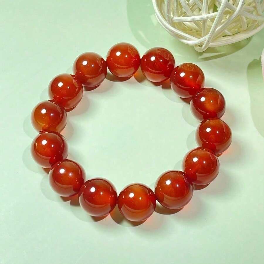 14Mm Natural Grade A Agate Bracelet - Essential Birthday Lucky Charm For Teens - Red - View 1