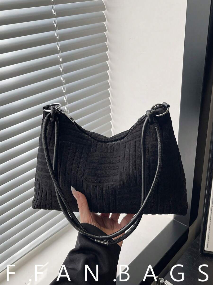 2025 New Casual Large Capacity Crease Striped Fresh Commuting Solid Color Shoulder Underarm Handbag - Black - View 1
