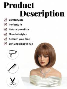 10 Inch Short Straight Wig, Women's Elegant Brown Heat-Resistant Synthetic Wig With Bangs, Bob Hairstyle, Suitable For Everyday Wear - 深棕色 - 查看 5