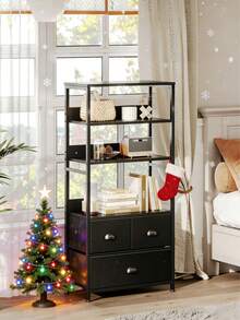 Armario de almacenamiento de cuatro niveles con tres cajones de tejido PU -estructura metálica negra- adecuado para salones, oficinas, dormitorios y cocinas, lo que lo convierte en una opción ideal para organizar libros, fotografías y objetos decorativos. - Negro - Ver 3