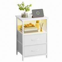 Tomnk Modern Smart Nightstand With Charging Station & LED Light | USB Ports, Outlets & 2 PU Fabric Drawers For A Clutter-Free Bedside, For Back To School Season