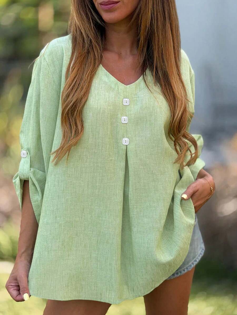 Lysee 女士夏季浅绿色亚麻质感衬衫，V 领七分袖可卷起，宽松休闲上衣，度假风纽扣前襟衬衫 - 薄荷綠 - 查看 1