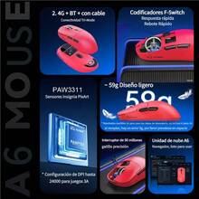 Free wolf A6 Mouse Gamer Mouse Inalámbrico con Bluetooth/2.4G/USB-C hasta 24000 dpi Ratón Gamer Recargable para Windows  Rojo - Rojo - Ver 4