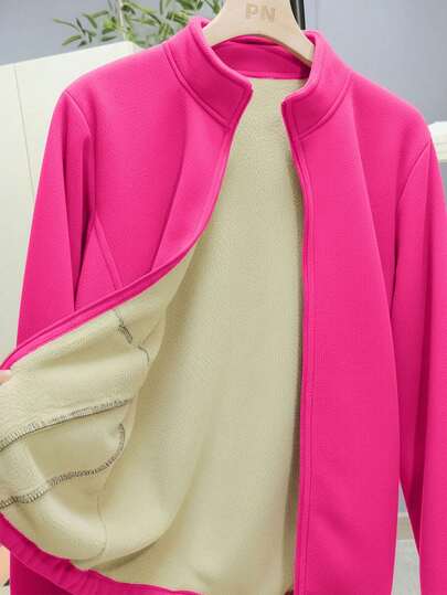 女士纯色抓绒外套，双面珊瑚绒加厚拉链外套，带口袋，简约舒适，加厚保暖内衬，适合寒冷冬季和下雪天气，滑雪适用。