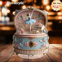 1个优雅旋转亚克力音乐盒，芭蕾舞女与蝴蝶花卉图案 - 淡蓝色和金色点缀，柔和旋律，机械上弦（无需电池） - 室内/室外桌面装饰，适合家居、办公室、婚礼、生日礼物，2D平面，复古美学 - 水鴨藍 - 查看 5