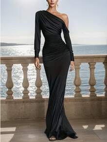 Elegant Women's Black Asymmetric Neckline Ruched Long Cocktail Dress, Long Sleeve Fishtail Hem, Suitable For Party Wear Wedding Spring - Black - View 8