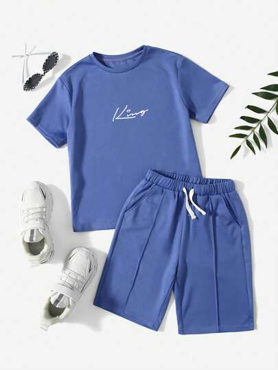 Tween Boy Summer Casual Daily Commute Letter Print Short Sleeve T-Shirt And Drawstring Waist Seam Front Shorts Set