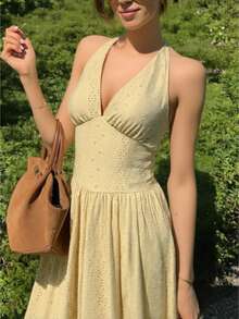 奶油黄露背中长连衣裙 | 镂空刺绣飘逸连衣裙，适合野餐和度假 - 黃色 - 查看 7