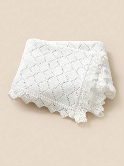 1pc Baby Knitted Blanket, White Lace Crochet Openwork Diamond Pattern Soft Cozy Blanket, Spring Gentle Baby Blanket