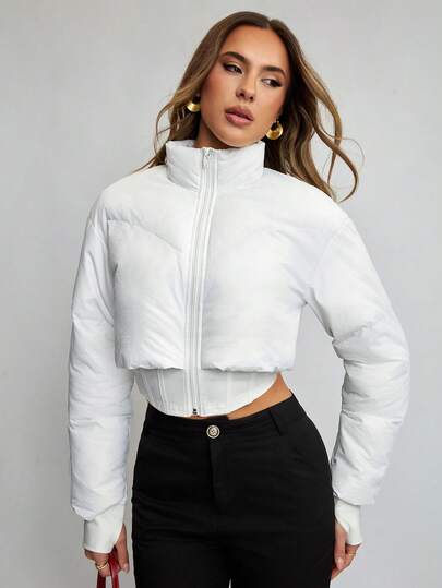 Minimalist Design Drawstring Stand Collar Long Sleeve Bodysuit, Front Zipper Short Cotton Padded Clothing, Suitable For Brunch, Office, Teacher, Back To School Events, Can Create Sexy Girl Style, Also Suitable For Y2K, Back To School, Cold Weather, Waist Cinching In Autumn/Winter