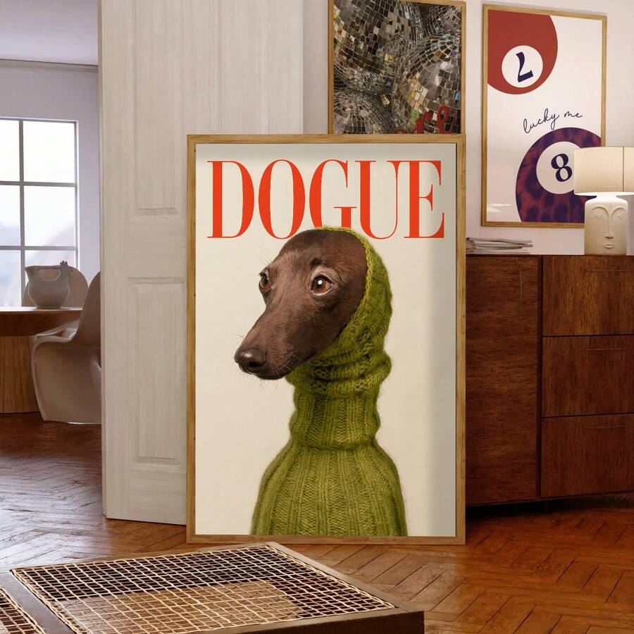 1幅无框“DOGUE”趣味狗狗绿色毛衣动物墙艺术帆布海报，充满奇思妙想的宠物爱好者装饰画，宿舍必备，生日礼物和派对装饰，复古幽默风格卧室装饰，美观的房间装饰，墙面装饰画，大学宿舍必备 - 彩色 - 查看 1