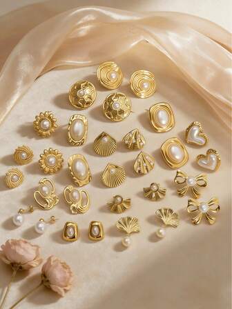 2pcs Vintage Gold Pearl Earrings Set For Women - Sunflower/Heart/Shell/Ginkgo Leaf Bowknot Design Retro Fashion Statement Jewelry Gifts