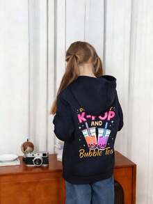 Tween Girl Pearl Milk Tea & K-POP Graphic Fleece Pullover Sweatshirt Sweatshirt, Warm & Cozy Pullover Hooded Sweatshirt For Fashionable K-POP Fans, Autumn/Winter - Dark Grey - View 2