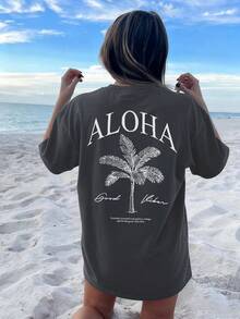 女士春夏新款棕榈树标语印花休闲圆领短袖T恤，时尚度假风，日常必备单品。图案T恤，女士白色上衣，黑色上衣，粉色上衣，度假装扮