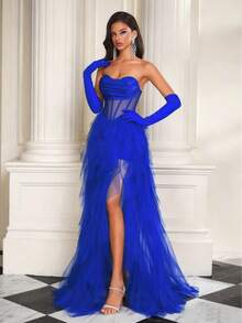 黑色网纱法式鱼尾轻盈鸡尾酒礼服，优雅无肩带公主裙，适合生日派对、魅力性感婚礼等场合。 - 寶藍色 - 查看 4