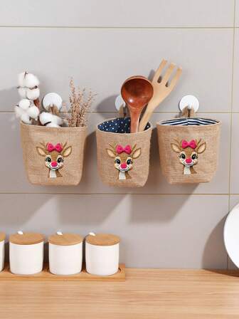 4 piezas Bolsa colgante práctica con diseño de corazón y ciervo 2026, bolsa colgante de lino, bolsa de almacenamiento mini montada en la pared para la mesita de noche, cocina, dormitorio, detrás de la puerta, oficina, escritorio, almacenamiento y organización del hogar, regalo de Año Nuevo, regalo del Día de San Valentín, regalo de regreso a la escuela