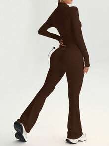 PinkTip Pink Tip 女士纯色无缝弹力外套和紧身裤运动套装，提臀修身柔软裤，休闲运动服，适合日常、健身、锻炼、跑步、瑜伽、普拉提等运动。 - 棕色 - 查看 3