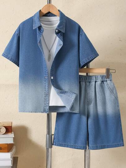 Boys' Ombre Gradient Color Shirt Collar Short Sleeve Shirt And Shorts Set, Casual Fashion For Spring/Summer