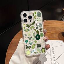 Funda de Teléfono Moderna y Elegante, Funda Transparente con Collage de Pegatinas Estéticas Verdes, Compatible con los Modelos de  17, 16, 11, 15, 14, 13 y 12 Pro Max Air Plus. Una opción de regalo encantadora para mujeres y niñas, funda para teléfono, cubierta para teléfono, fundas de teléfono lindas y protectoras de diseñador para mujeres - 1 pieza - Ver 1