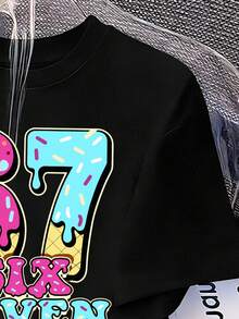 少女圆领字母数字印花休闲百搭日常短袖T恤 - 黑色 - 查看 4