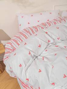 2/3-Piece Heart Pink Stripe Duvet Cover And Pillowcase Set - Reversible Design (Hearts On The Front, Stripes On The Back), Sweet And Cute Princess Style, Suitable For Valentine's Day Decoration, With Zipper Closure, Wrinkle-Resistant And Easy To Care For, Available In Twin / Queen / King Sizes. - Baby Pink - View 2