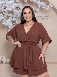 Simple, Casual, Elegant Short-Sleeved Romper With Tie Closure And Cross-Back Belt - Rỉ Nâu - Xem 1