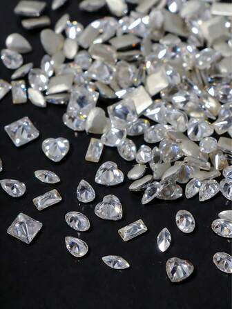 100 st/påse mini platt zirkon nageldekorationer, glittrande hjärta och fyrkantig form, små vita mikrozirkonia nagelsmycken