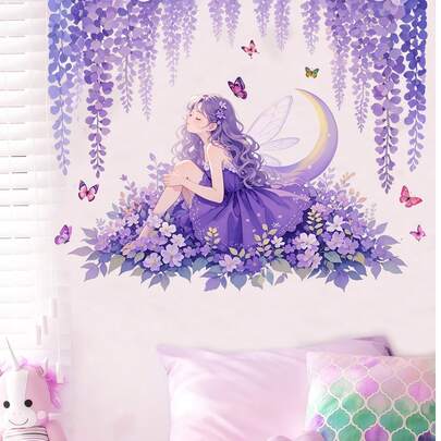 梦幻蝴蝶女孩，梦幻仙子月亮蝴蝶花卉设计卧室玄关家居装饰墙贴，防水PVC材质