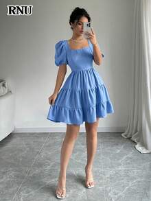 RNU Women's Romantic Elegant Music Concert Dress, Bohemian Style Backless Bowknot Flounce Hem Mini Dress, Suitable For Beach, Party, Wedding Guest, Valentine's Day, New Year, Travel - Blue - View 9