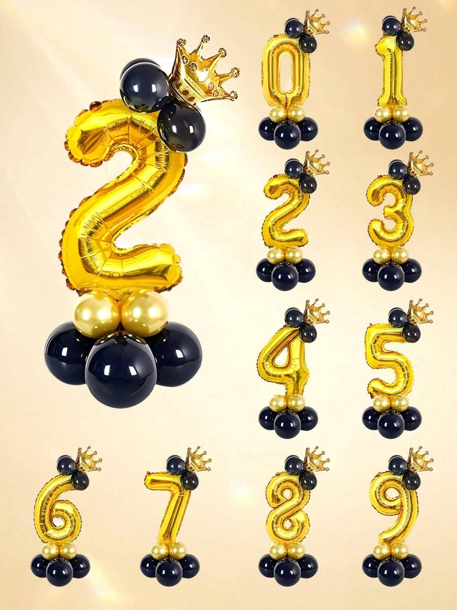 17件套数字柱形气球套装，包含16英寸金色0-9数字铝箔气球、金色迷你皇冠、黑金乳胶气球，适用于周年纪念、生日派对、派对装饰、节日庆典、婚礼、摄影道具、情人节礼物装饰等场合。 - 彩色 - 查看 1