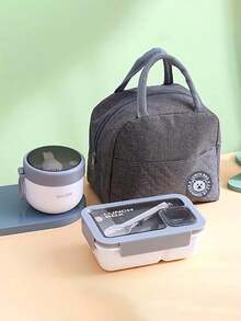 1pc Adult Size PP Plastic Square Lunch Box With Lid, Comes With Utensils And Dipping Sauce Dish, Multipurpose, Portable, Reusable, Lightweight. Optional Cup, Oatmeal Cup, Breakfast Cup And 1pc Portable Lunch Bag With Zipper And Built-In Aluminum Foil Insulation Layer, Suitable For Office Workers, Students, Outdoor Activities And Camping. - Multicolor - View 2