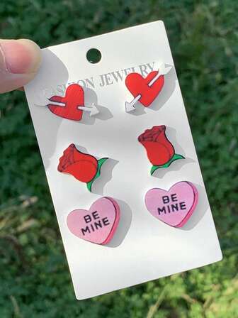 A Pair Of Romantic Acrylic 'BE MINE' Heart Rose Earrings - Women's Romantic Valentine's Day Theme Set Stud Earrings, Sweet Cute For Valentine's Day Gifts, Date Outfits, Daily Accessories