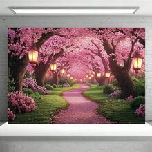 1片装2D平面乡村樱花背景布 - 盛开的樱花图案设计，蜿蜒小径和灯笼点缀，适用于摄影、派对和活动，涤纶材质，无需电源，樱花主题产品 - 1pcs - 查看 5