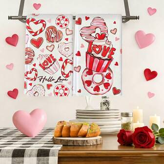 Een set van 1,5 handdoek met Valentijnsdagthema, met een roze hartjes- en donutmotief, geweven van 100% polyestervezel, met een afmeting van 40 x 60 centimeter. Gemaakt van machinewasbaar polyester, hittebestendig, vlekbestendig, waterdicht en gemakkelijk schoon te maken. Geschikt voor het afwassen van tafel en kommen, en kan gebruikt worden als cadeau, huishoudelijk artikel, keukenhulpmiddel en Valentijnsdagdecoratie.