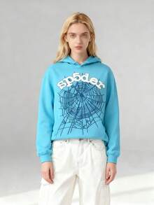 Women's Hip Hop Spider Web Pattern Graphic Alphabet Print Y2k Hoodie - 天藍色 - 查看 3