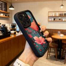 Cubierta de telefono con borde negro y diseño floral rojo sobre fondo azul oscuro con gotas de agua para uso diario en cafeterias y espacios interiores,Aplicable a los teléfonos de la serie Apple y Galaxy - Burdeos - Ver 6