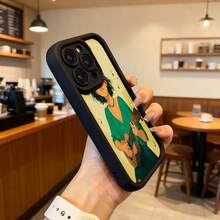 Funda para telefono con borde negro y diseño de mujer tocando ukelele en color verde con notas musicales para uso diario en cafeterias y espacios urbanos,Aplicable a los teléfonos de la serie Apple y Galaxy - Café integral - Ver 6