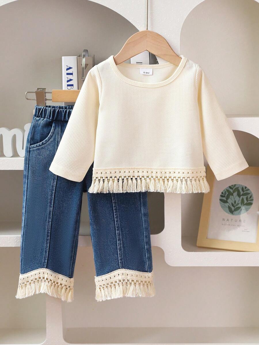2 件套年轻女孩纯色流苏长袖上衣和流苏牛仔裤套装