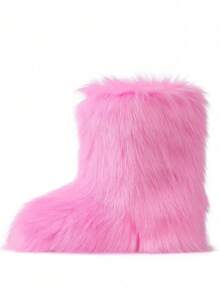 2025 Winter Knee High Boots Pull-On Faux Fur Boots Furry Fluffy Round Toe Fashion Boots For Women Suede Comfy Plush Warm Knee High Boots Outdoor Indoor Flat Shoes EdgyElongate Party Dressy Women Winter Autumn Fall Boots - 短款粉色 - 查看 8