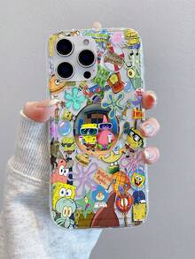 SpongeBob SquarePants 1个卡通趣味全屏花卉汉堡家庭图案防震透气缓冲手机壳，兼容三星/苹果17/16/15/14/13/12/11 Pro Max/12 Pro/14 Plus及其他型号 - 彩色 - 查看 2