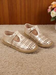女童金色平底鞋，幼儿皮鞋，儿童玛丽珍鞋，透气镂空鞋 - 金色 - 查看 3