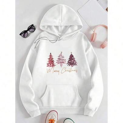 Women'S Christmas Hooded Sweatshirt - with Pink & Golden Glitter Tree & "Merry Christmas" Lettering, Cozy Fleece Pullover Hoodie for Fall/Winter