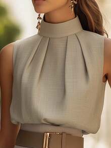 无袖高领褶皱衬衫，通勤时尚小众设计修身背心（女士款）