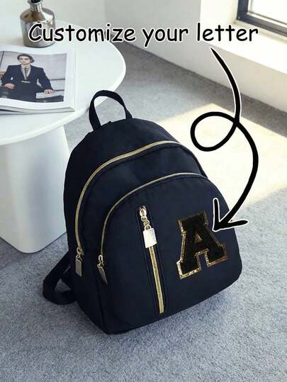 Women's Nylon Material Fashion Backpack, Towel Embroidered Letters A-Z, Multifunctional Stylish Design Bag With Zipper Closure,Backpack Large Capacity Student School Backpack With Multiple Pockets, Girls' Backpack, Elementary And Middle School Backpack,For School, Daily Use ,Travel, Travel Supplies Storage,Send Birthday And Holiday Gifts To Family And Friends,Christmas And Valentine's Day